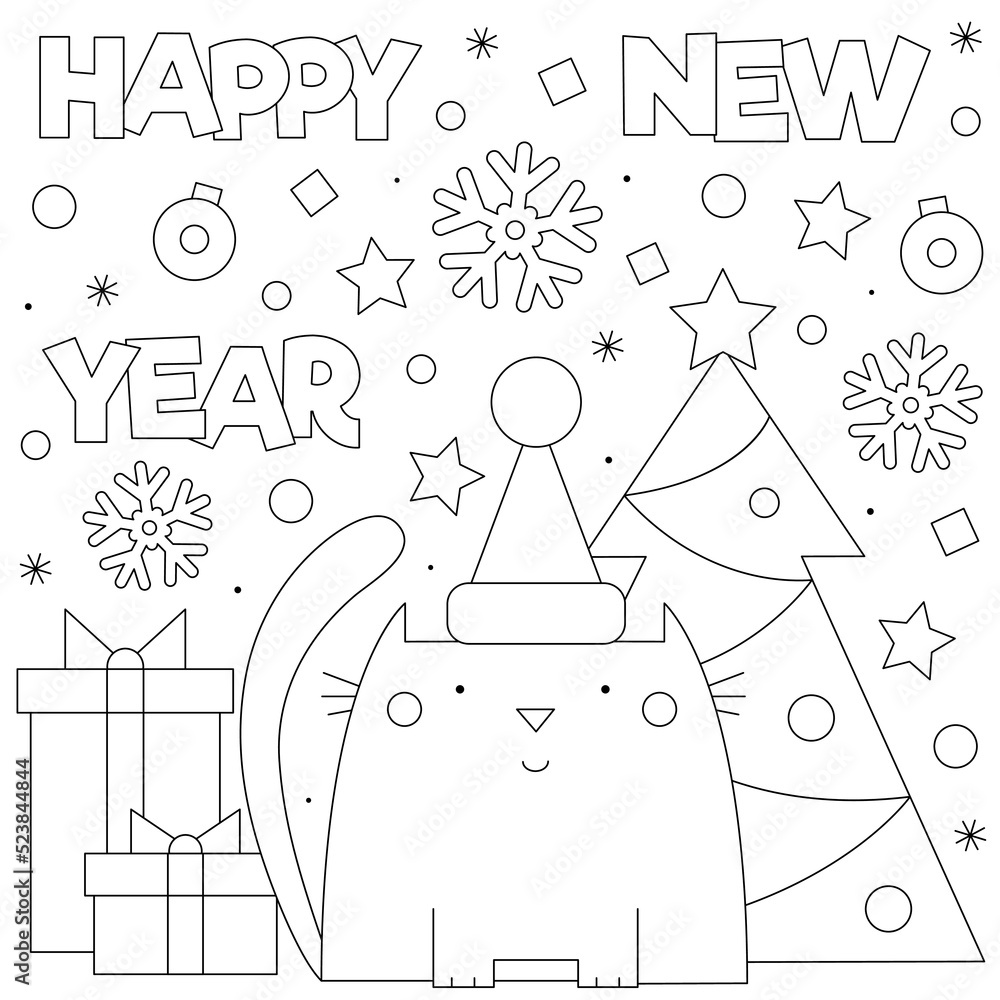 Happy New Year. Coloring page. Black and white vector illustration