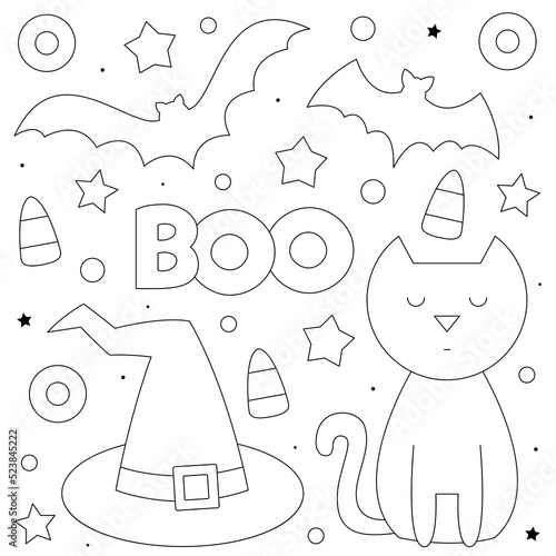 Boo. Coloring page. Black and white vector illustration.