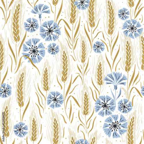 Vector seamless pattern background with hand drawn cornflowers and wheat crops