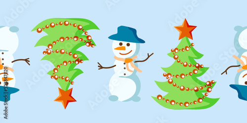 Cartoon Snowman and Christmas Tree. Seamless Winter Border on blue light background.