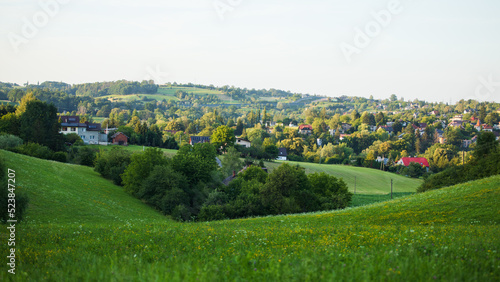 European countryside landscape with hills  meadow trees and houses
