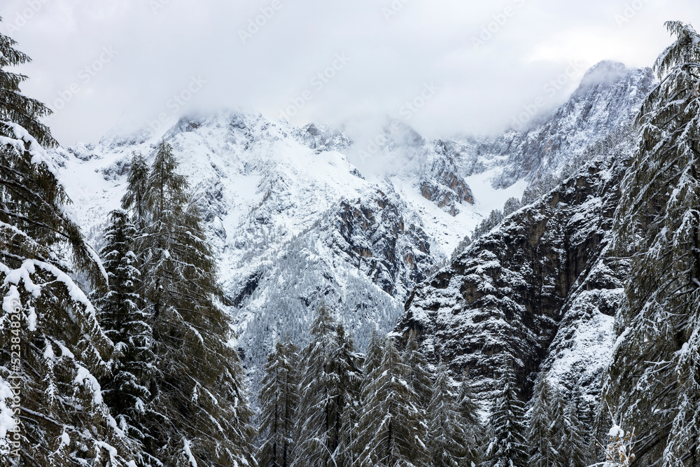Winter Mountain landscape in Julian Alps Slovenia on Mountain Pass Road of Vrsic Slovenia