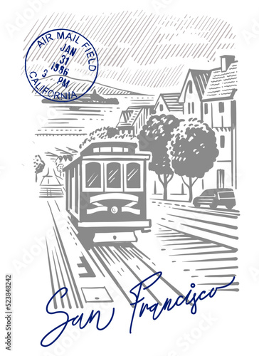 San Francisco Streetcar postcard. Hand drawn landmarks and symbolic for traveling.