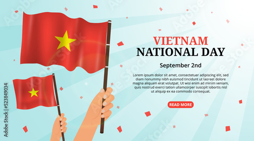 Vietnam national day background with people celebrating holding waving flag