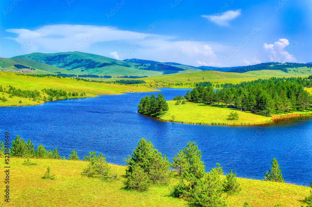 Aerial view over mountain lake at Zlatibor, Serbia.