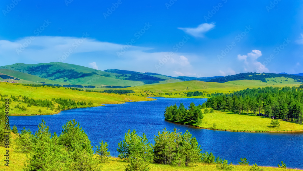 Aerial view over mountain lake at Zlatibor, Serbia.