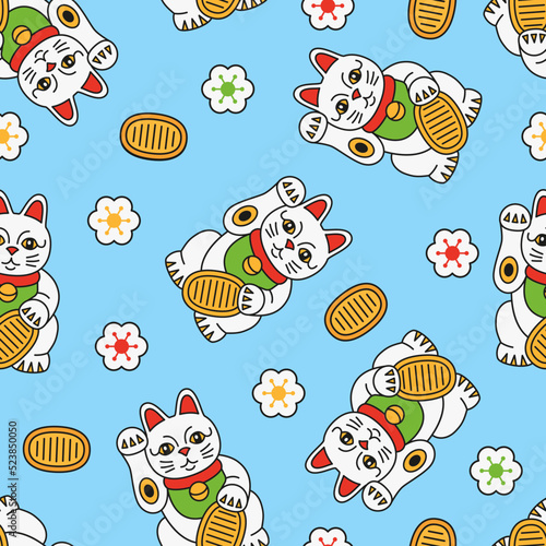 Maneki neko cat with coin and sakura seamless background. Line japanese symbol wishing good luck with raised paw. Cartoon vector pattern of wealth, happiness, fortune.