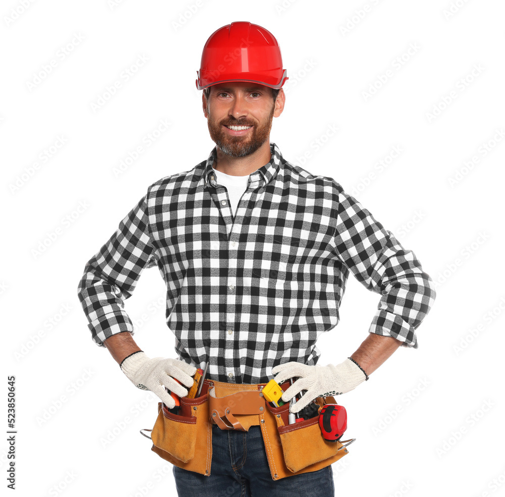 Professional builder in hard hat with tool belt isolated on white Professional builder in hard hat with tool belt isolated on white