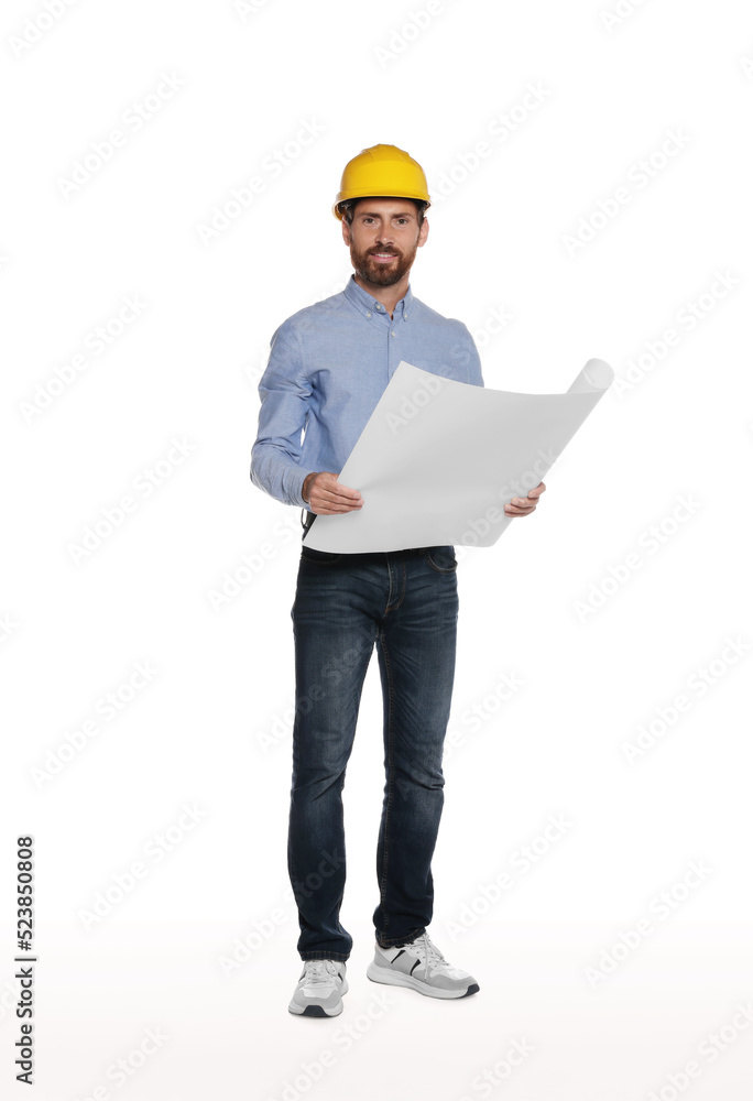 Professional engineer in hard hat with draft isolated on white Professional engineer in hard hat with draft isolated on white