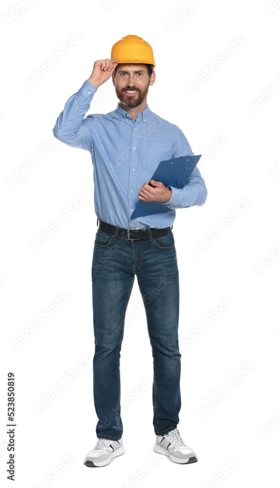 Professional engineer in hard hat with clipboard isolated on white Professional engineer in hard hat with clipboard isolated on white