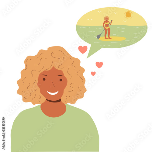 Smiling metis girl with curly hair dreaming about summer and paddleboarding, flat vector