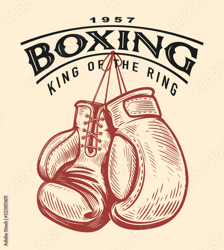 Boxing gloves sketch. Boxing sport retro emblem. Hand drawn vector illustration in vintage engraving style