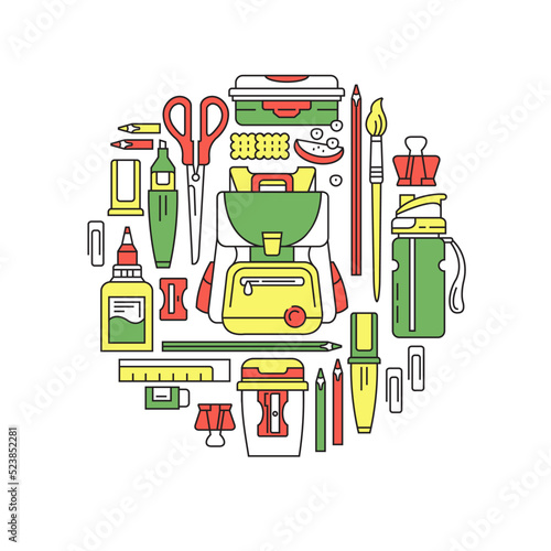 Back to school collection icons. Vector, linear color illustration. Set of school supplies.
