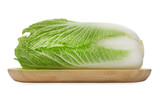 Fresh tasty Chinese cabbage and wooden board isolated on white