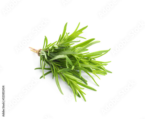 Bunch of aromatic fresh rosemary leaves on white background
