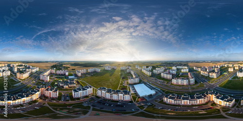 aerial full seamless spherical 360 hdri panorama view overlooking of residential area of high-rise buildings in equirectangular projection. vr ar content