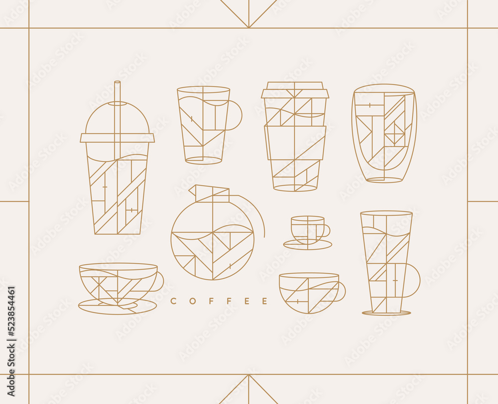 Set of creative modern art deco coffee cups in flat line style drawing on light background.
