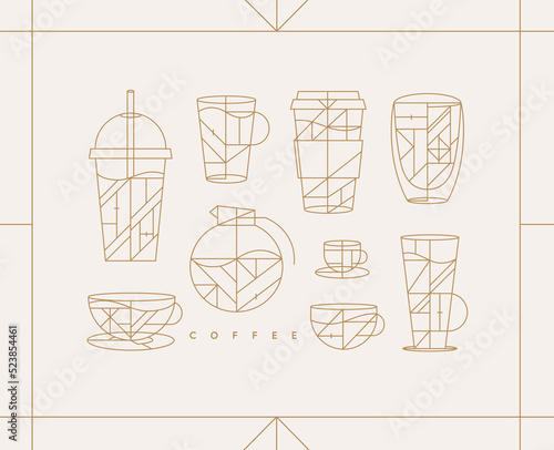 Obraz na płótnie Set of creative modern art deco coffee cups in flat line style drawing on light background. w salonie