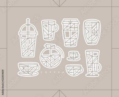 Set of creative modern art deco coffee cups in flat line style drawing on light beige background.