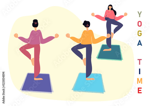 Young girls with long hairs standing on mat in tree pose on white background. Vector flat illustration of the woman's doing yoga, meditation, healthy lifestyle. Teacher shows yoga pose.