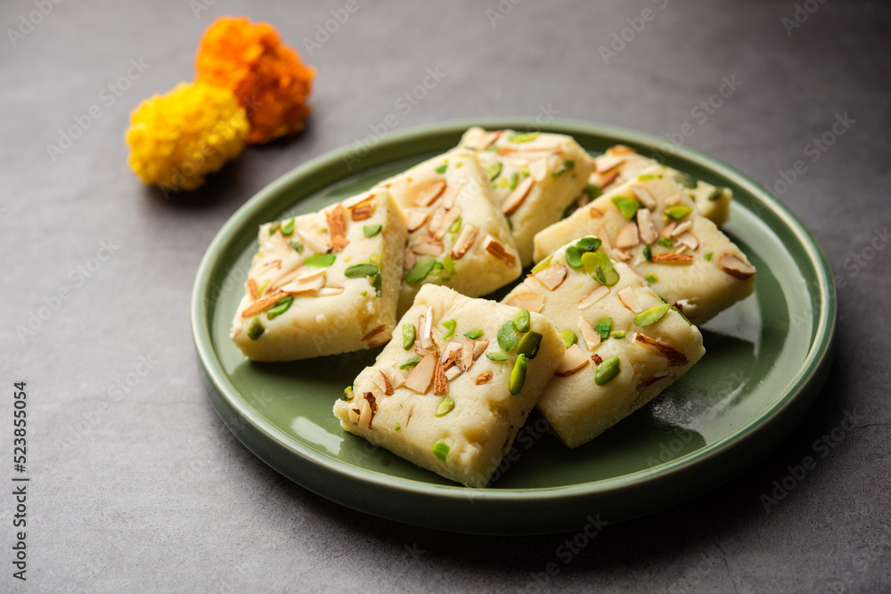 Milk powder barfi also known as Mava burfi, white Khoya burfi or Barfee, Indian Sweet food