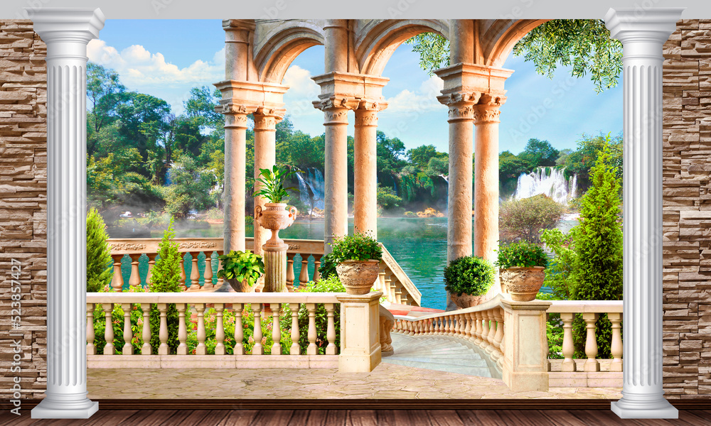 Arches, park, terrace. Digital mural. Wallpaper on the wall. Stock