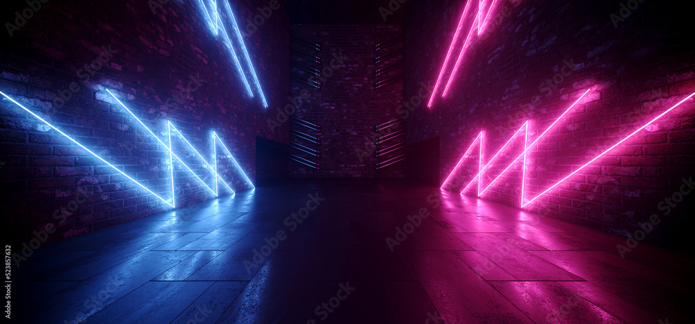 Obraz premium Cyber Neon Glowing Purple Blue Futuristic Sci Fi Brick Walls Garage Tunnel Underground Parking Grunge Concrete Floor Dark Vibrant Night 3D Rendering