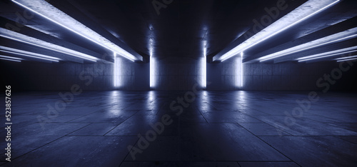 Underground Spaceship Sci Fi Futuristic Neon Led Studio Lights Cement Rough Grunge Concrete Basement Parking Warehouse Tunnel Corridor 3D Rendering