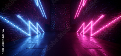 Fototapeta Naklejka Na Ścianę i Meble -  Cyber Neon Glowing Purple Blue Futuristic Sci Fi Brick Walls Garage Tunnel Underground Parking Grunge Concrete Floor Dark Vibrant Night 3D Rendering