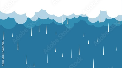 Raindrops falling from the sky. Cartoon animation of rain water and white clouds