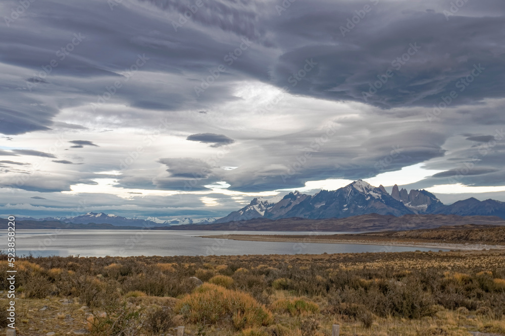 Chile Sarmiento Lake – postcard views of mountain peaks. Chile Sarmiento Lake – postcard views of mountain peaks.