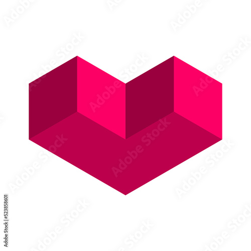 Geometric heart made of cubes. Pink red 3D heart shape. Love and emotions design element. Heart box logo template. Valentines day. Medicine healthcare cardiology symbol. Vector illustration, clip art 