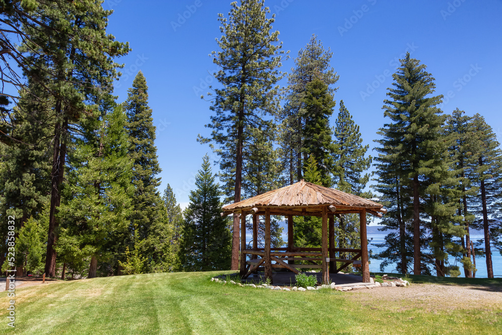 Gazebo in Park surrounded by Grass and Trees near Lake. Summer Season