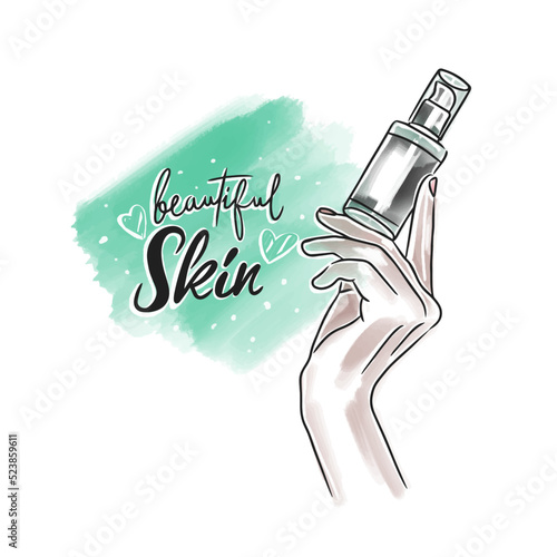 Beautiful skin, handwritten lettering, skin care cosmetics, hand holding a bottle of cosmetic product