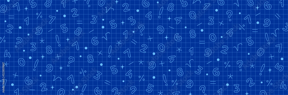 Blue school background in cell with numbers and arithmetic signs. Vector illustration
