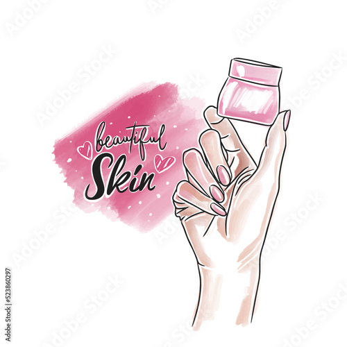 Beautiful skin, handwritten lettering, skincare cosmetics, hand with jar of cosmetic product