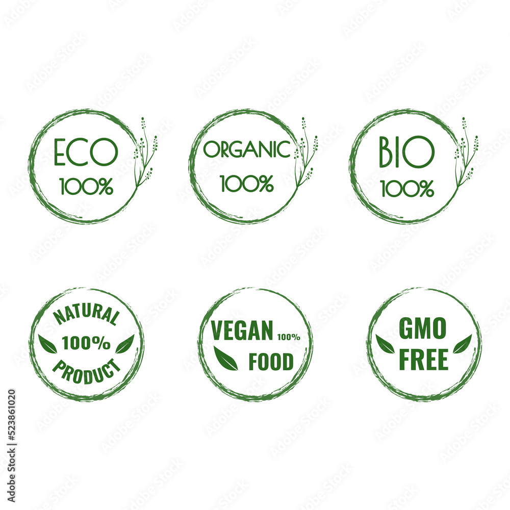 Set of stickers in a green circle. Eco, natural product, bio, vegan food, organic, GMO-free stickers with green leaves. Logo, stamp, label. Ecology of the icon. Organic products. Vector illustration
