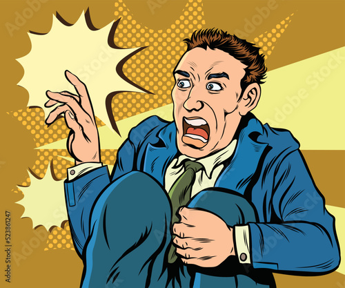 Young businessman shocked, scared, worried.hand drawn style vector design illustration.