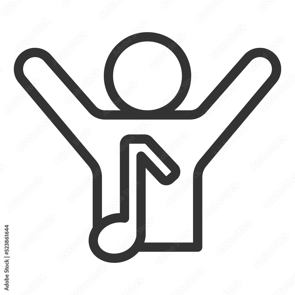 Man, fan raised his hands and musical note - icon, illustration on white background, outline style Man, fan raised his hands and musical note - icon, illustration on white background, outline style