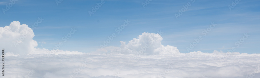 Panorama view from aerial of clear blue sky and fluffy white cloud. Cloudscape nature background. Panorama view from aerial of clear blue sky and fluffy white cloud. Cloudscape nature background.