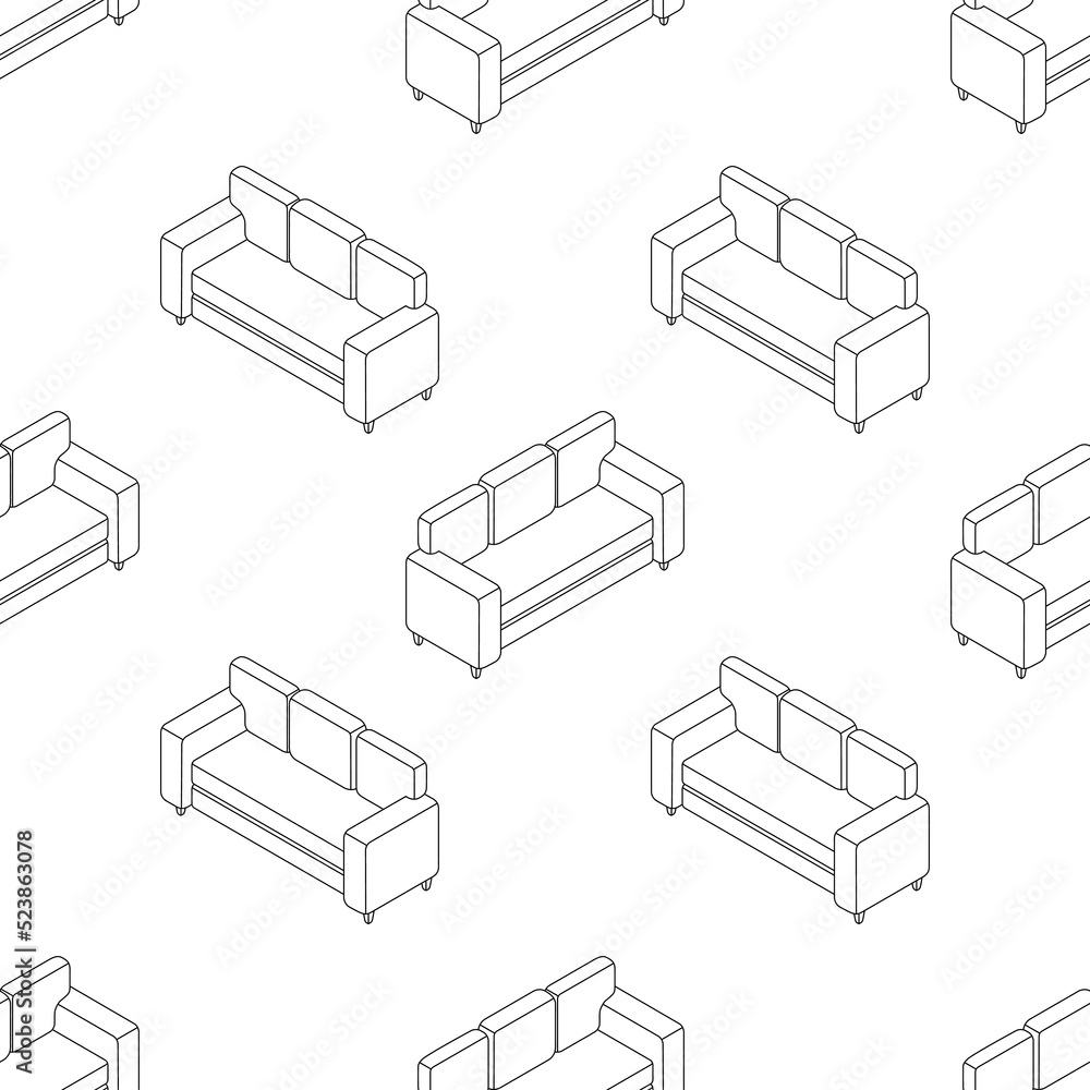 Line of sofas in isometry seamless pattern. New sofa in different angles in isometric projection. 3d image of home furniture. Vector illustration in cartoon and game style. Line of sofas in isometry seamless pattern. New sofa in different angles in isometric projection. 3d image of home furniture. Vector illustration in cartoon and game style.