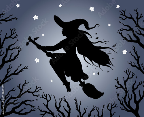 Halloween witch illustration. Girl flying on broomstick. Hand drawn vector illustration. Young woman on broom sketch. Halloween young witch.