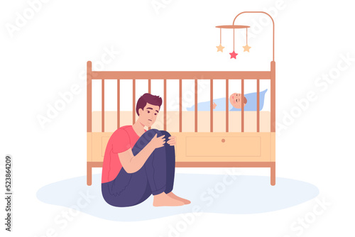 Tired father sitting next to newborn baby sleeping in cradle. Sad young man with postpartum depression sitting on floor flat vector illustration. Parenthood, mental health concept for banner