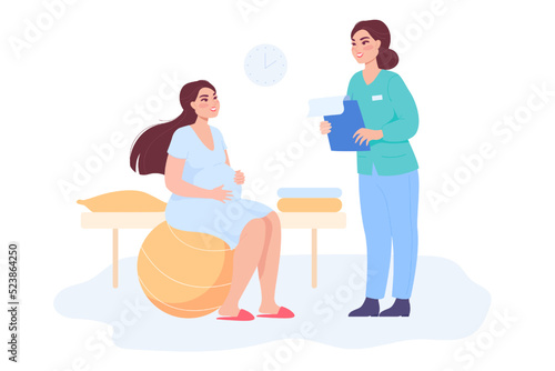 Nurse and pregnant woman sitting on fitness ball. Mother in labor flat vector illustration. Pregnancy, childbirth, health care, fitness concept for banner, website design or landing web page