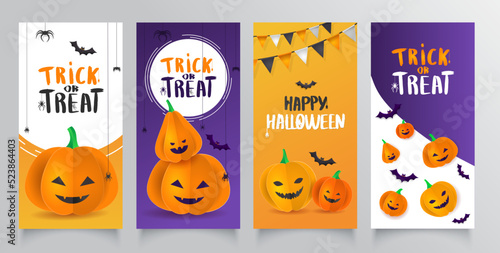 Collection Template flyer with 3D paper pumpkins with Halloween faces. Banner, brochure