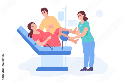 Wife and husband in maternity hospital or ward together. Pregnant woman giving birth in prenatal clinic flat vector illustration. Pregnancy, family, childbirth concept for banner or landing web page