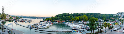 Istinye district Istanbul city Turkey. 08162022. Istinye boat park, panoramic view of emirgan forest as the sun sets in the evening. HDR photo. photo