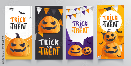 Collection Happy halloween banner with illustration of realistic pumpkins with faces.