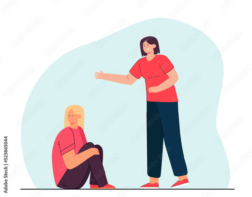 Girl supporting sad friend sitting on floor. Woman trying to help her depressed friend flat vector illustration. Love, friendship, mental health concept for banner, website design or landing web page Girl supporting sad friend sitting on floor. Woman trying to help her depressed friend flat vector illustration. Love, friendship, mental health concept for banner, website design or landing web page