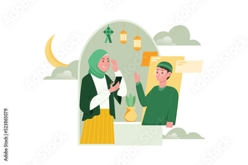 Muslim Men and Women Celebrate Eid mubarak in Online Video Call